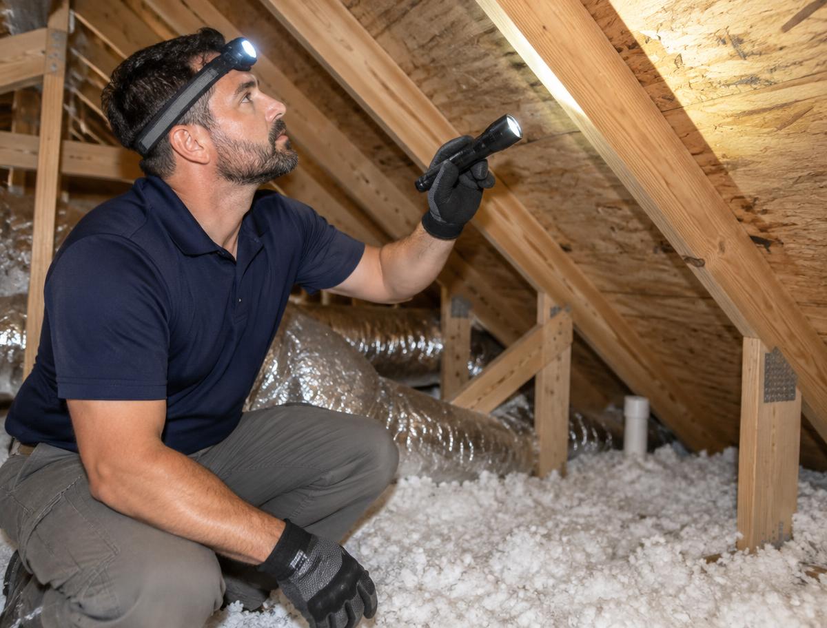 Property inspector examining an attic