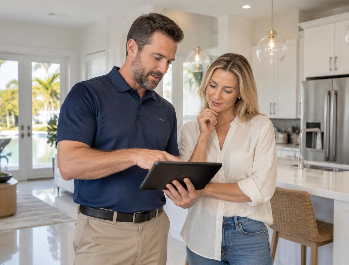 Inspector reviewing property findings with a homeowner