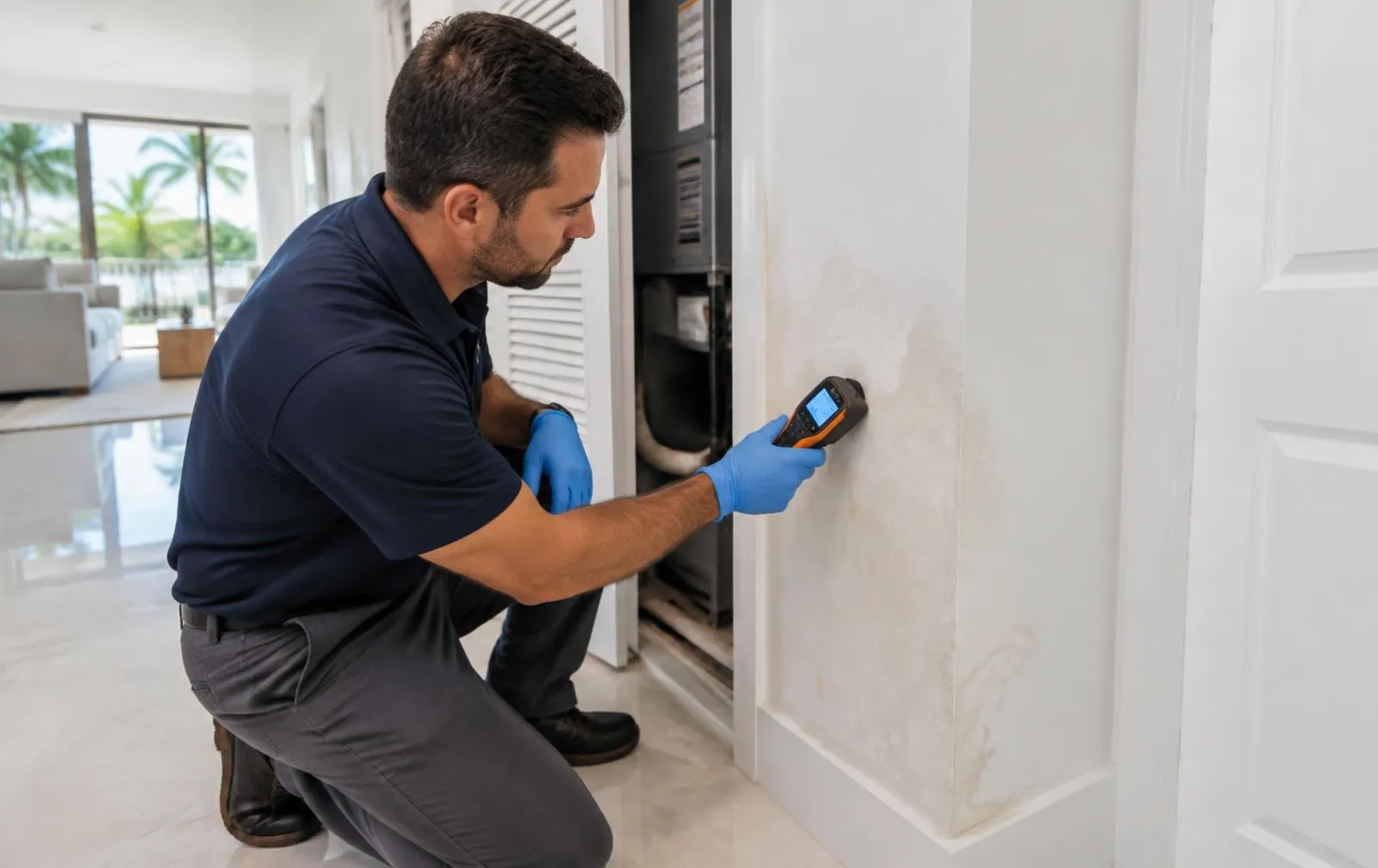 Service Hero inspector evaluating a moisture concern inside a South Florida home